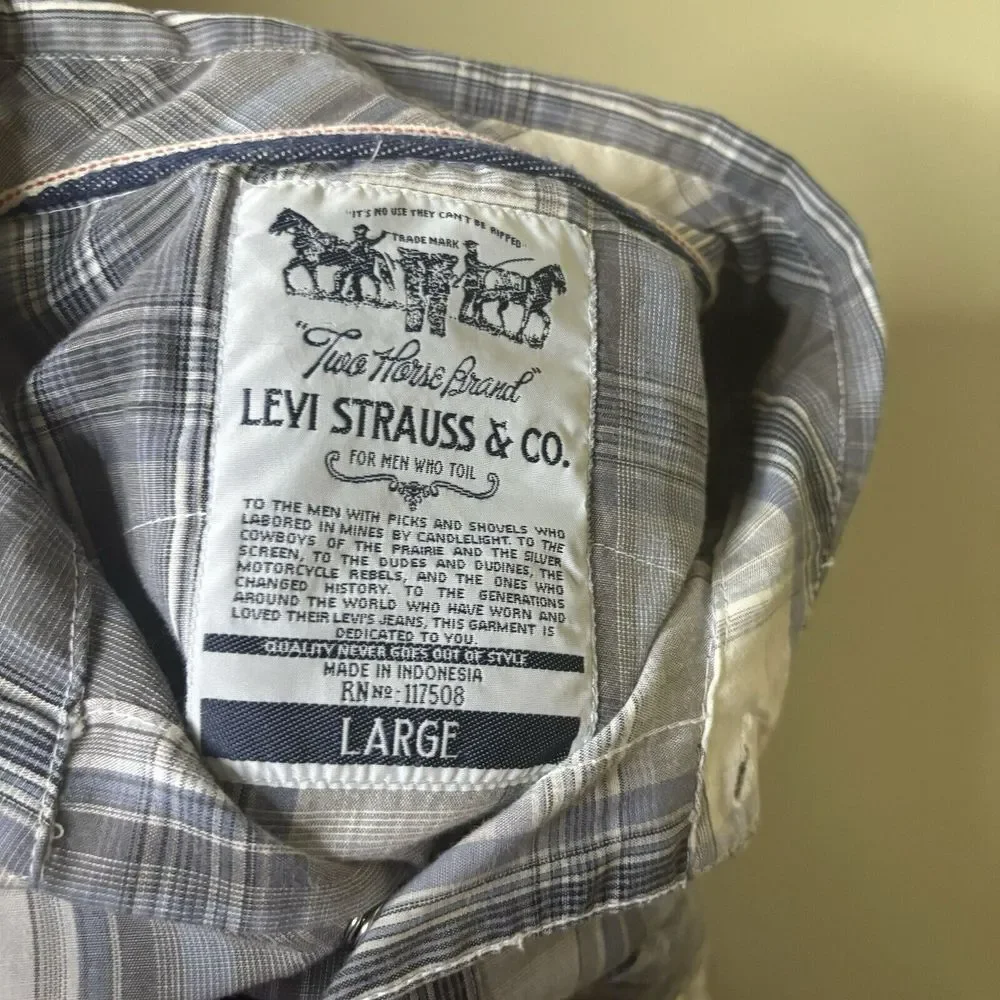 Levi's Shirt Men's Large Western‎ Pearl Snap Plaid Long Sleeve Gray Blue Cowboy